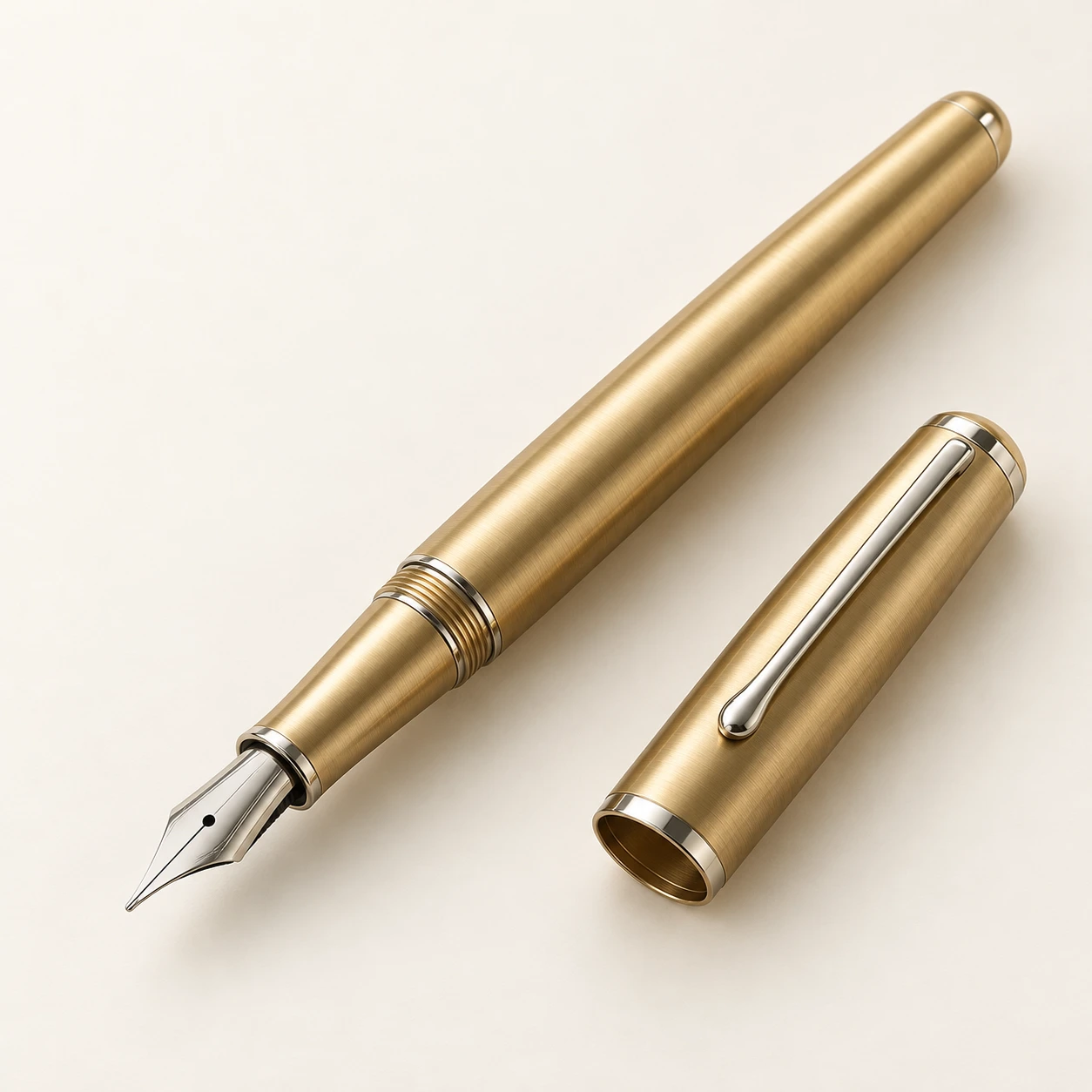 Brass Edition fountain pen, brass finish, uncapped with matching cap
