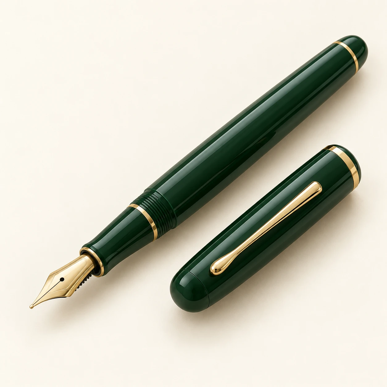 Forest Counsel fountain pen, green finish, uncapped with matching cap