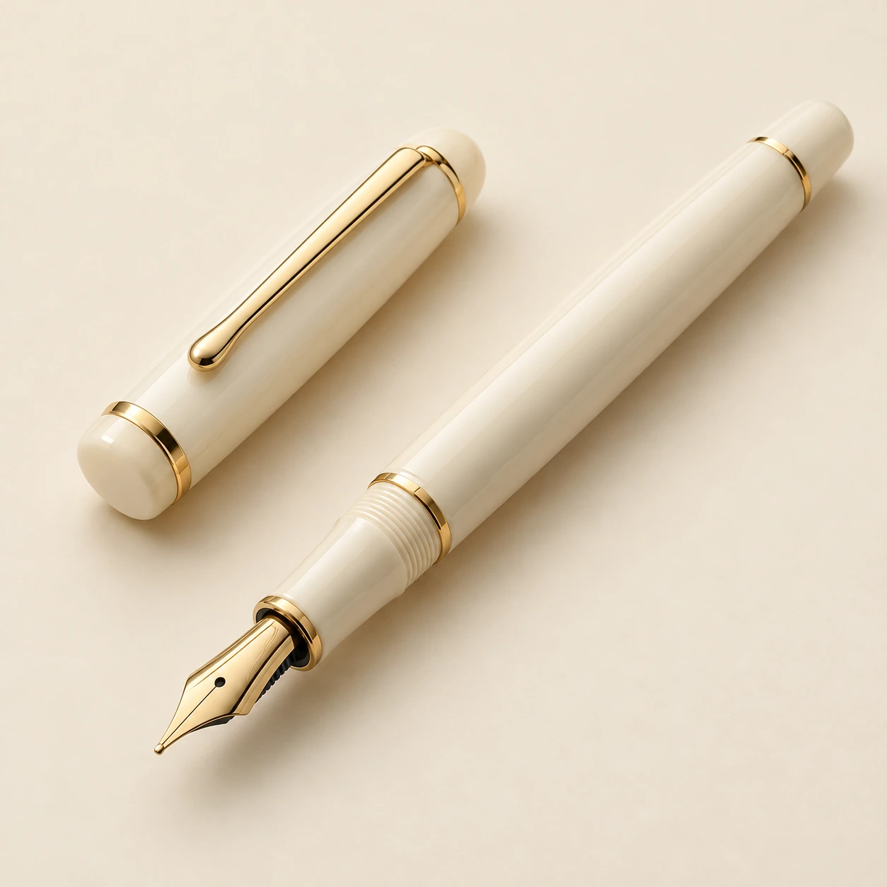 Ivory Ledger fountain pen, ivory finish, uncapped with matching cap