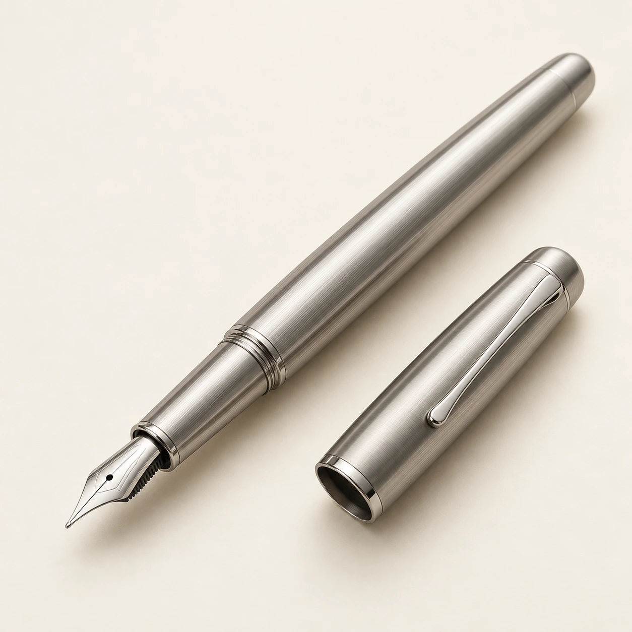 Sterling Line fountain pen, silver finish, uncapped with matching cap