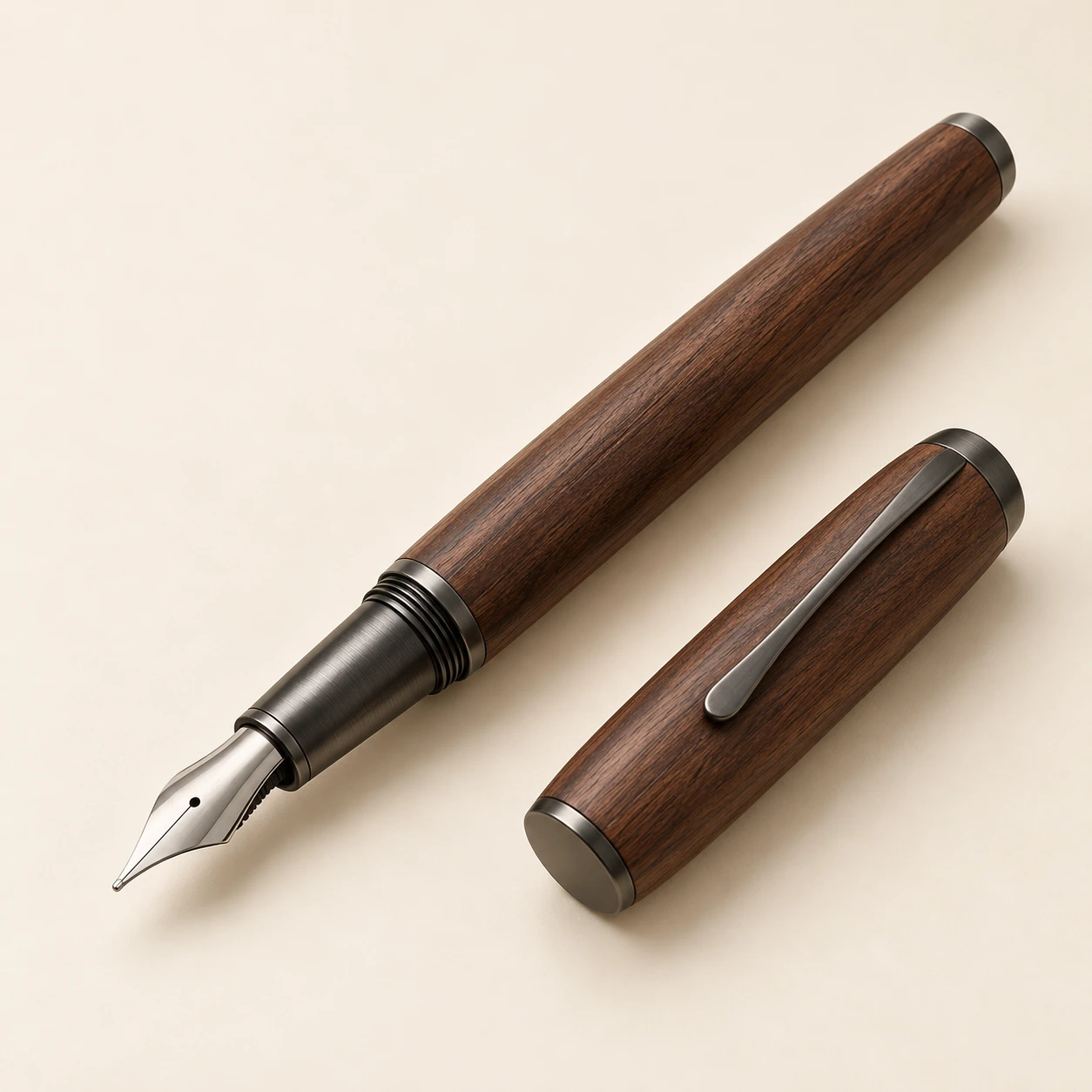 Walnut Signature fountain pen, walnut finish, uncapped with matching cap